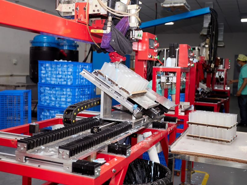 Processus d'extrusion de mousse haute densité créant des éponges cosmétiques ultra-douces mais durables pour une application professionnelle du maquillage.