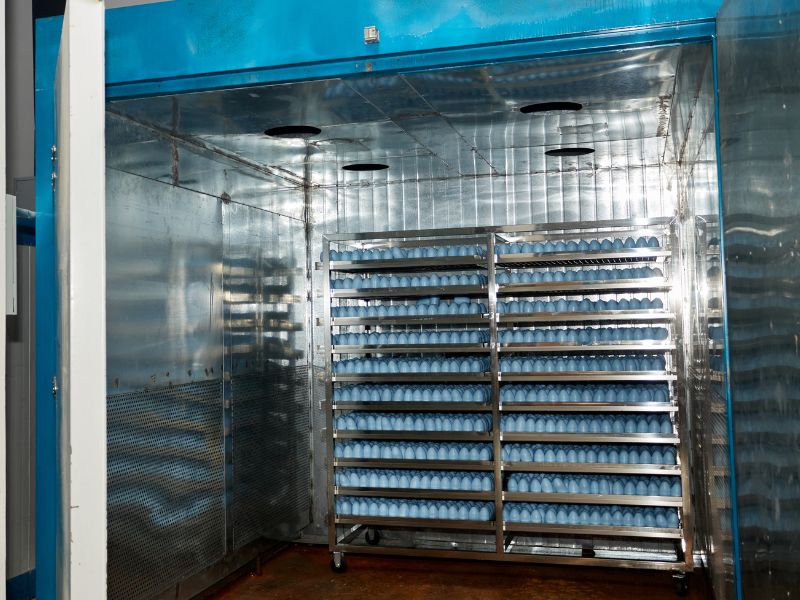 Production de masse d'éponges à maquillage ergonomiques en forme d'œuf, idéales pour un mélange parfait du fond de teint.